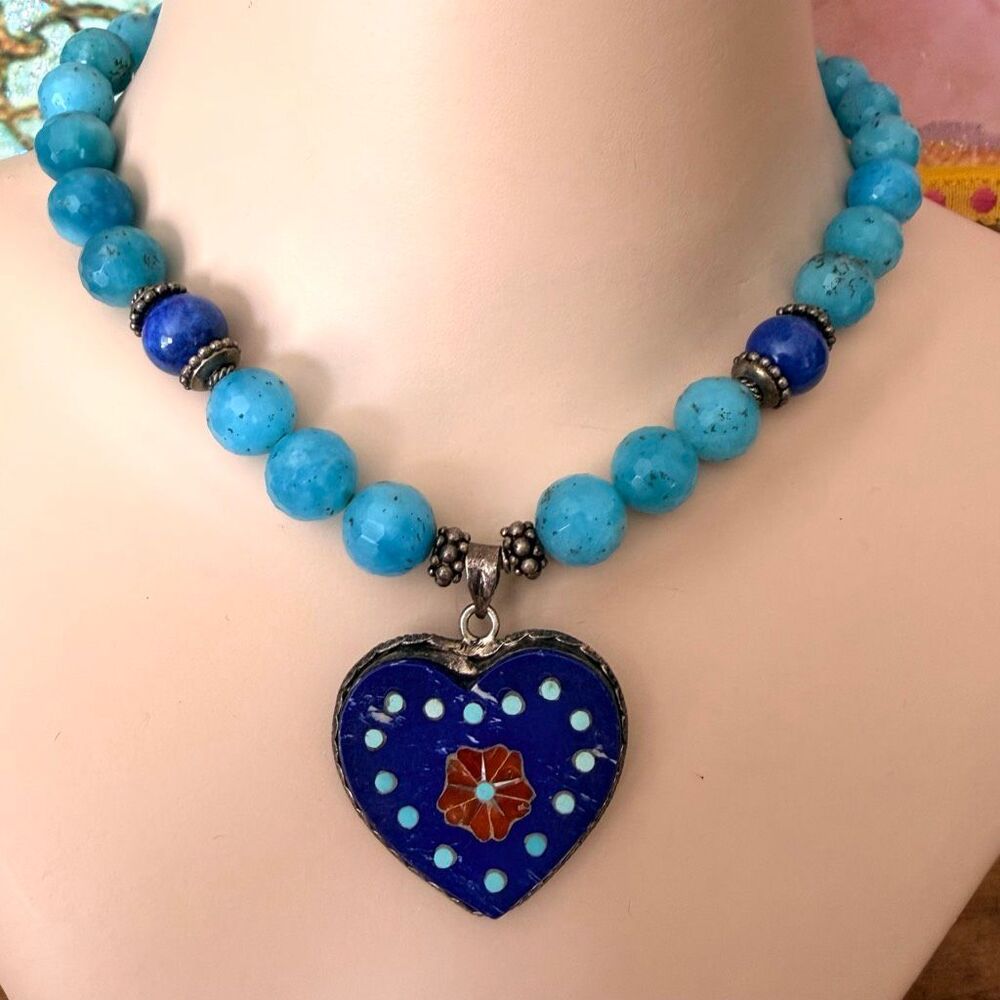 Sterling Silver Blue Stone Beaded Heart Inlay Pendant Necklace